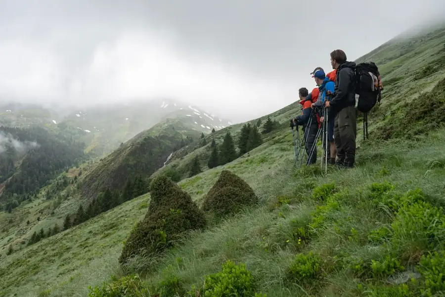 Groep wandelaars met wandelstokken kijkt uit over een mistig groen dal in de Val d'Aran